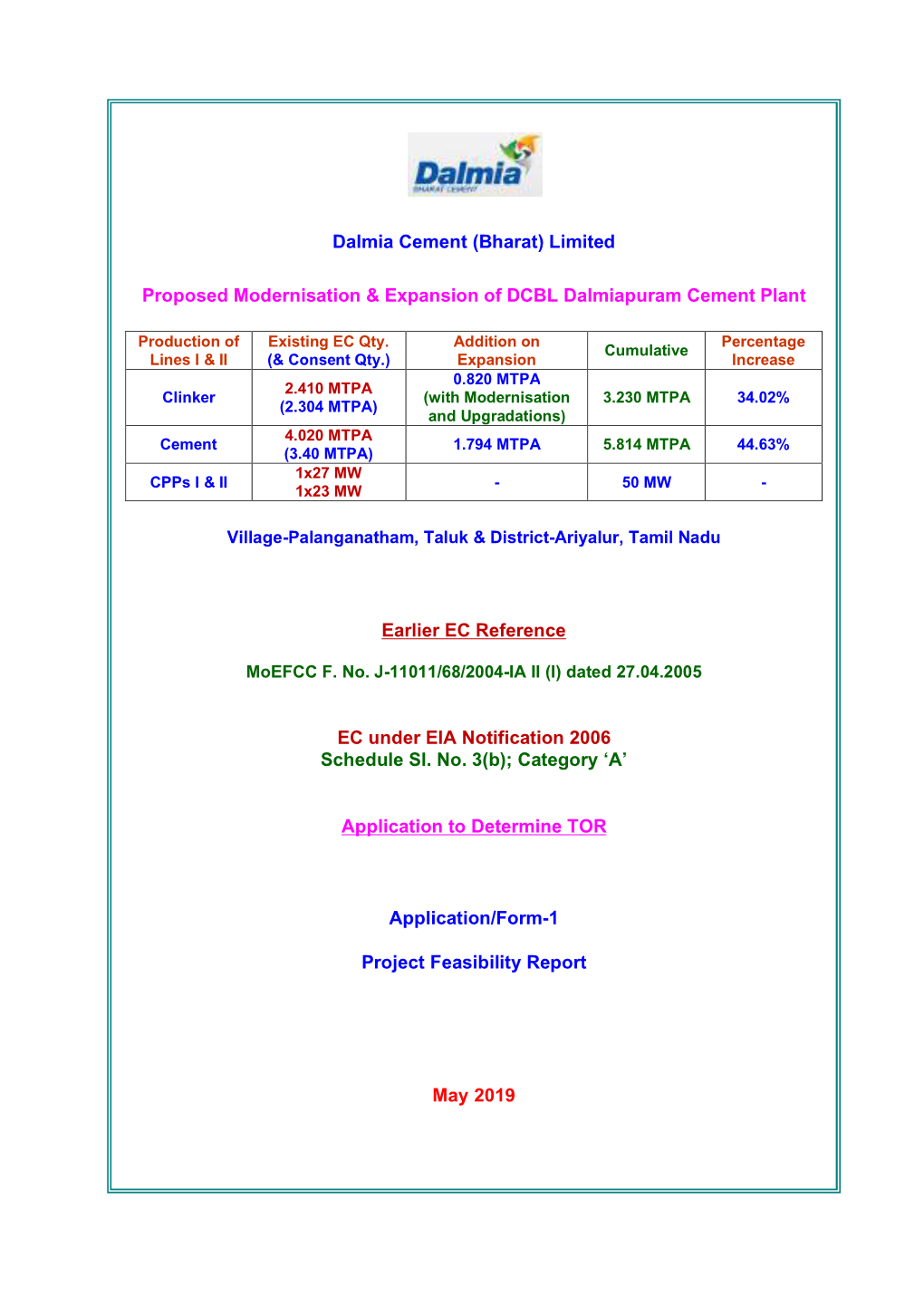 Proposed Modernisation & Expansion of DCBL Dalmiapuram Cement Plant