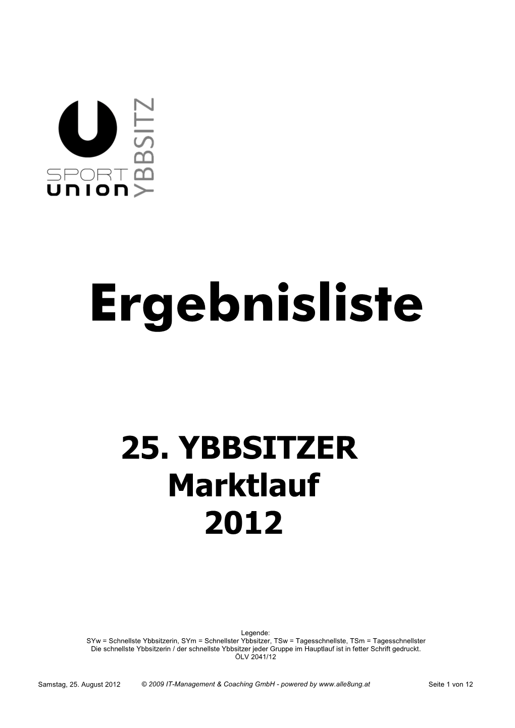 Ergebnissliste 25. Ybbsitzer Marktlauf 2012