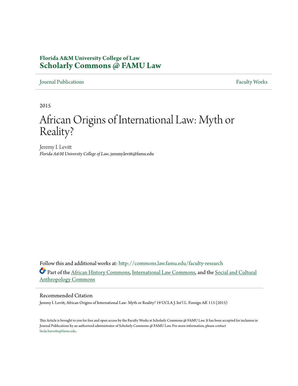 African Origins of International Law: Myth Or Reality? Jeremy I