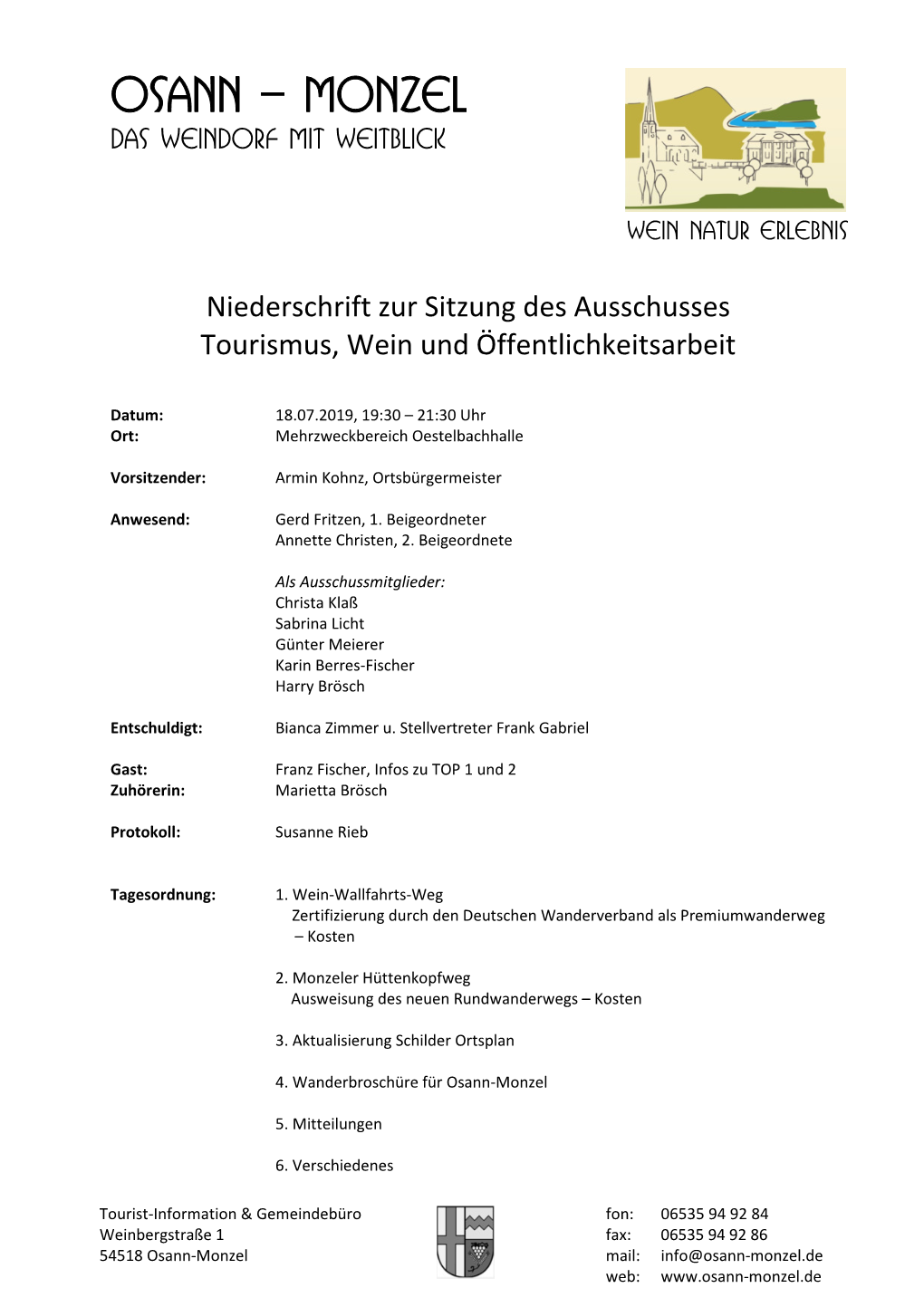 Niederschrift Sitzung Tourismus, Wein Und Öffentlichkeitsarbeit Vom 18.07.2019