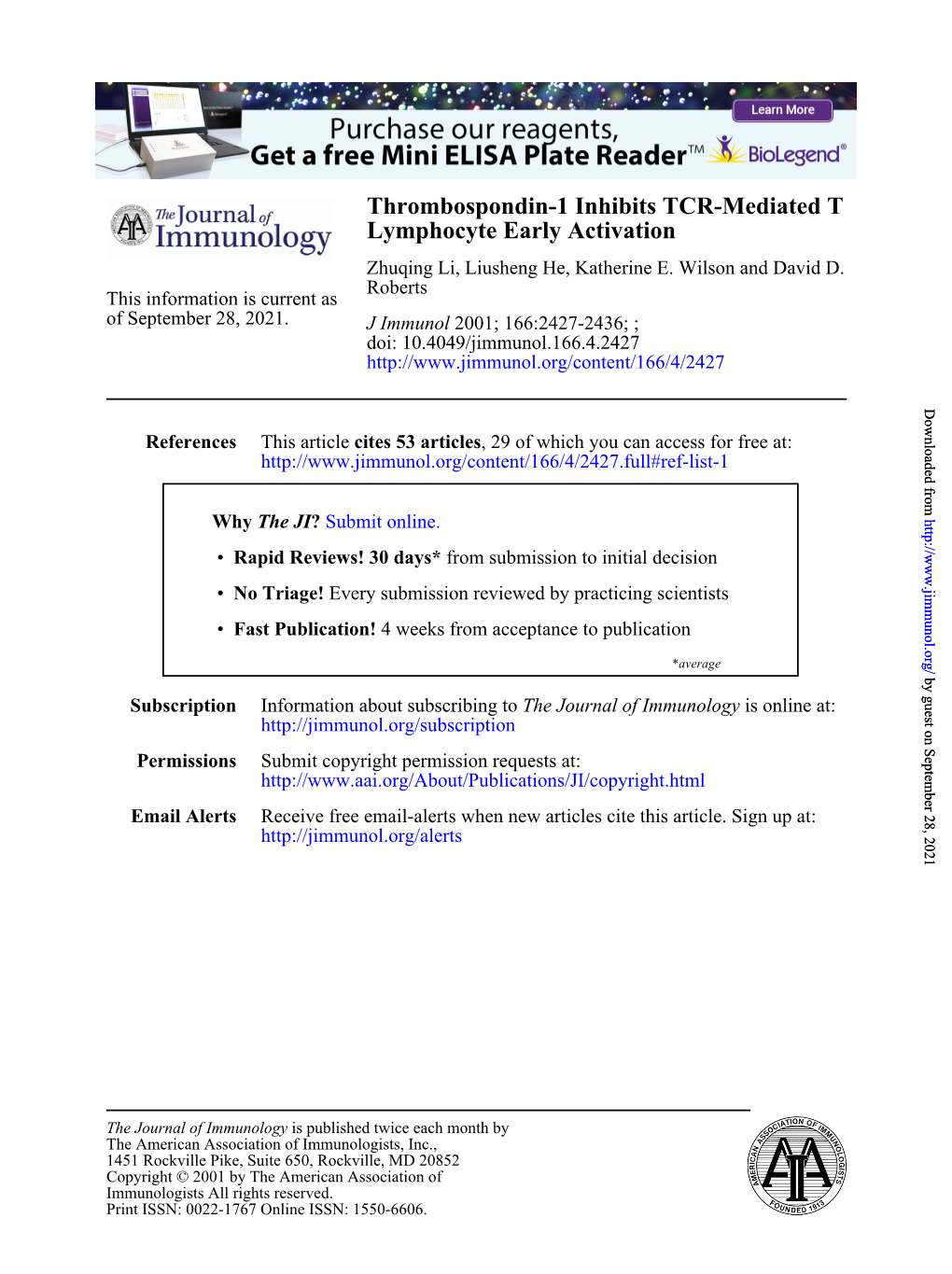 Lymphocyte Early Activation Thrombospondin-1 Inhibits TCR