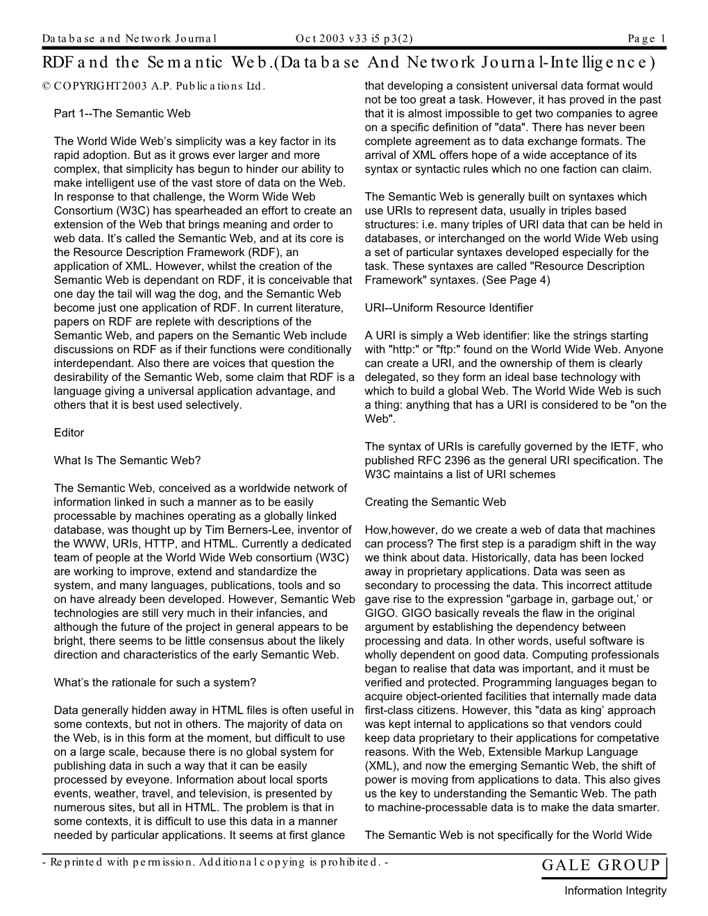 RDF and the Semantic Web.(Database and Network Journal-Intelligence) © COPYRIGHT 2003 A.P