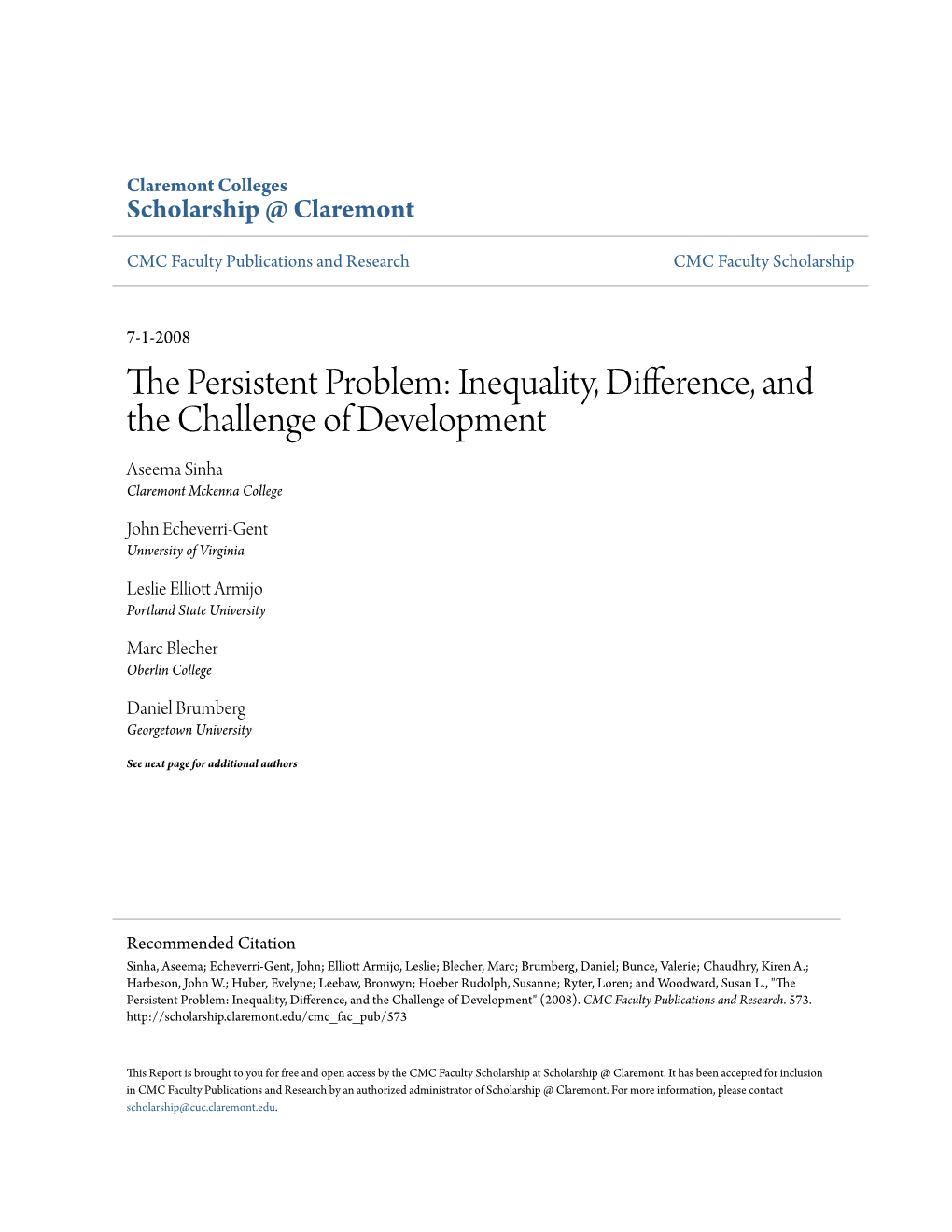 The Persistent Problem: Inequality, Difference, and the Challenge of Development" (2008)