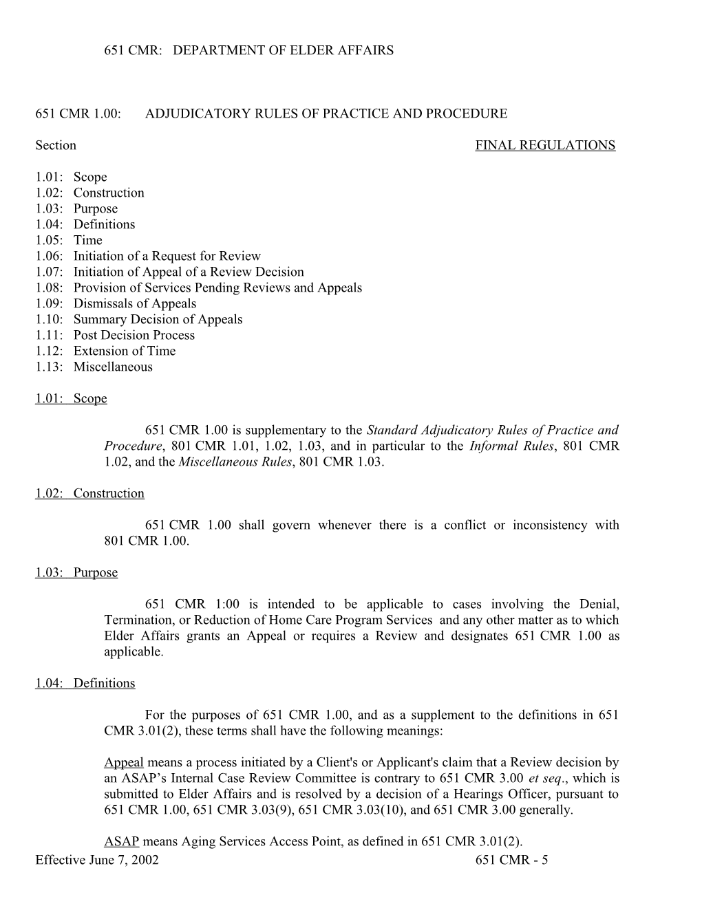 651 Cmr: Department of Elder Affairs