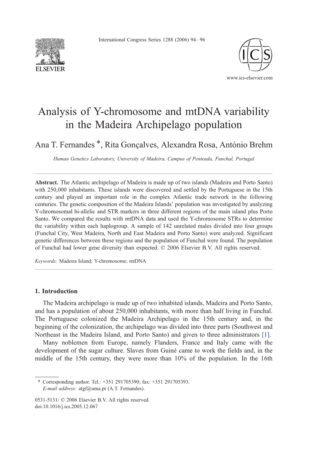 Analysis of Y-Chromosome and Mtdna Variability in the Madeira Archipelago Population