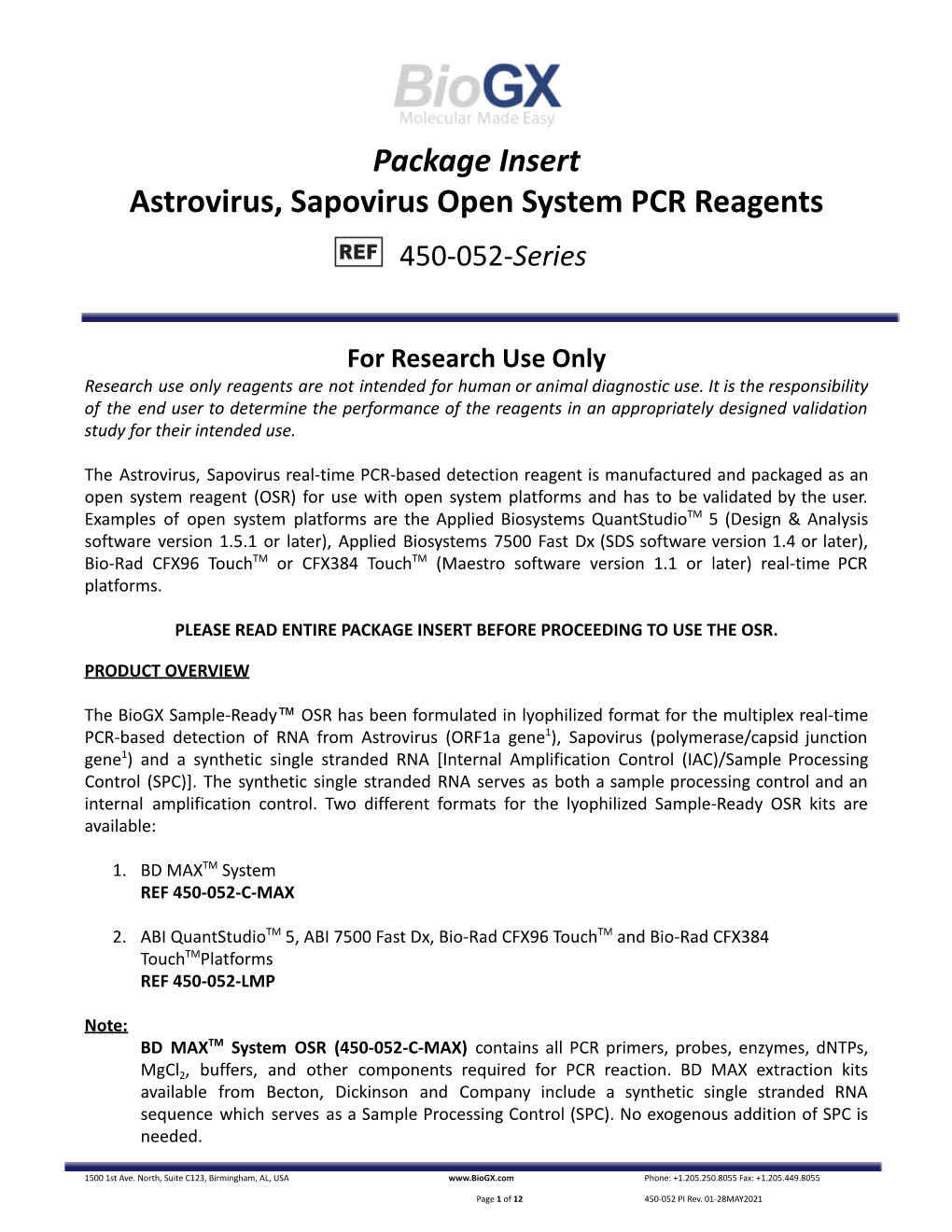 Package Insert Astrovirus, Sapovirus Open System PCR Reagents 450-052-Series