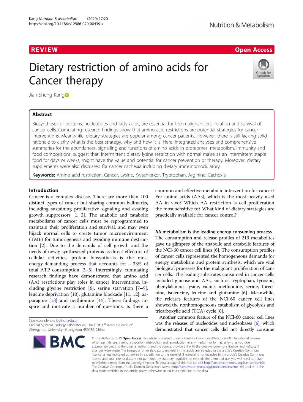 Dietary Restriction of Amino Acids for Cancer Therapy Jian-Sheng Kang