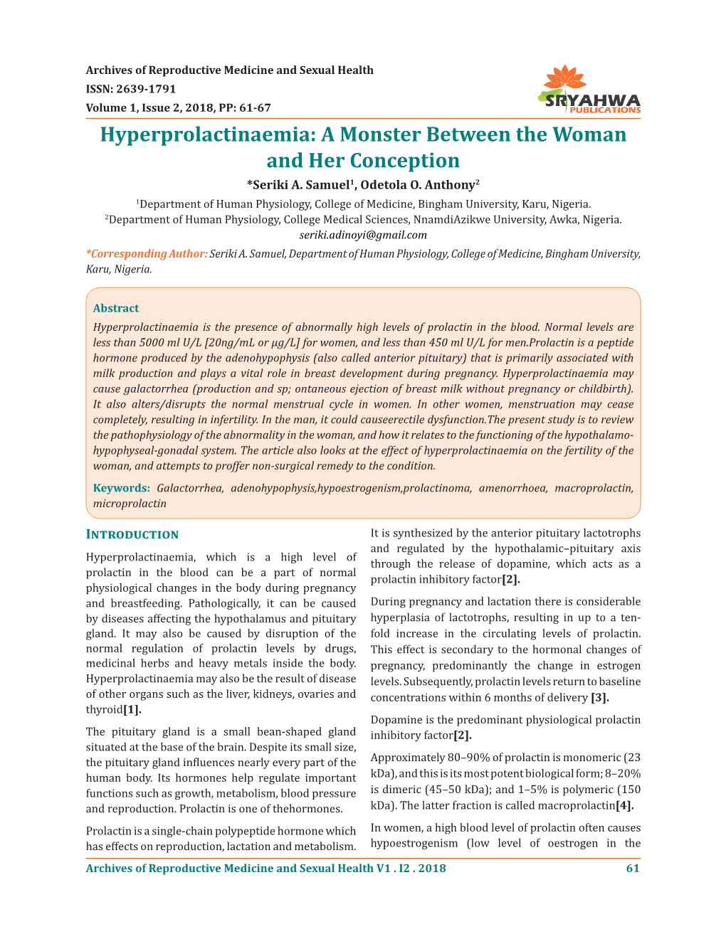 Hyperprolactinaemia: a Monster Between the Woman and Her Conception *Seriki A