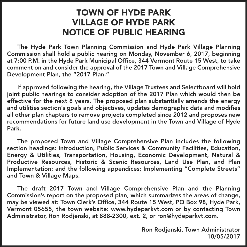 Town of Hyde Park Village of Hyde Park Notice of Public Hearing