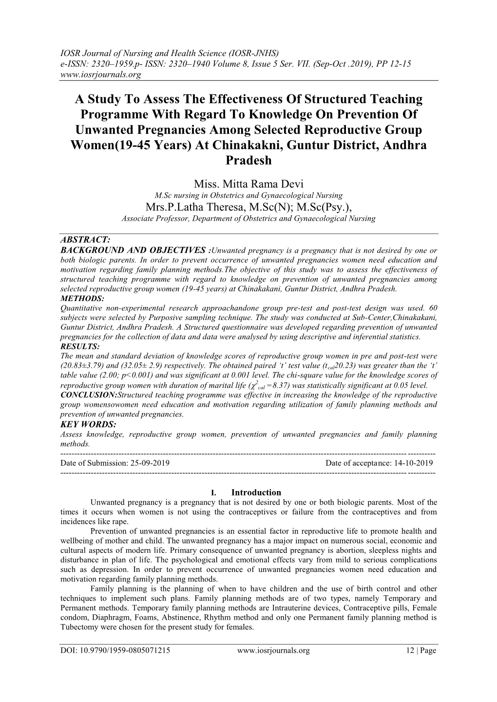 A Study to Assess the Effectiveness of Structured Teaching Programme