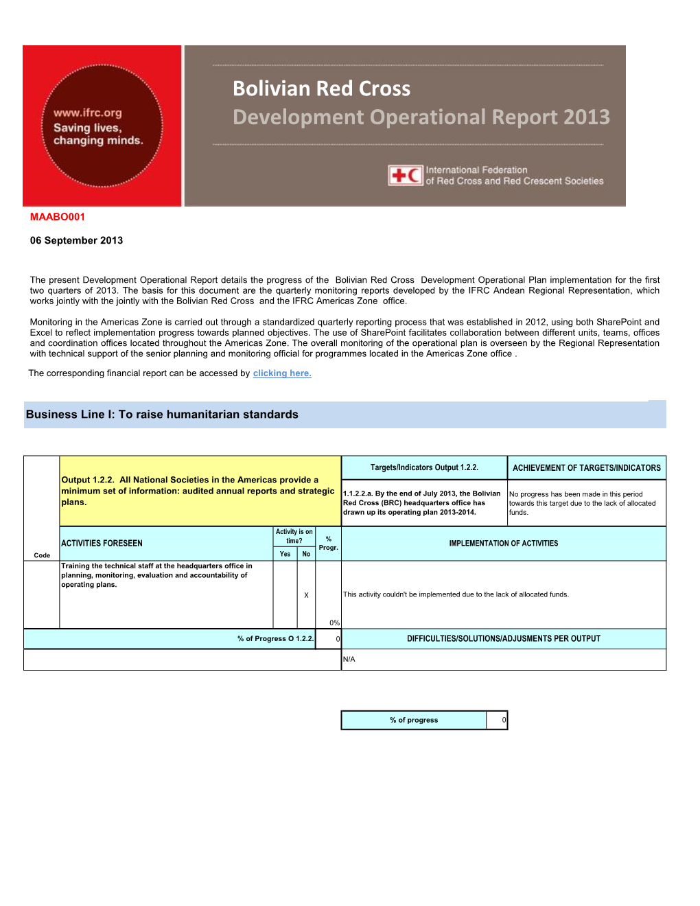Bolivian Red Cross Development Operational Report 2013