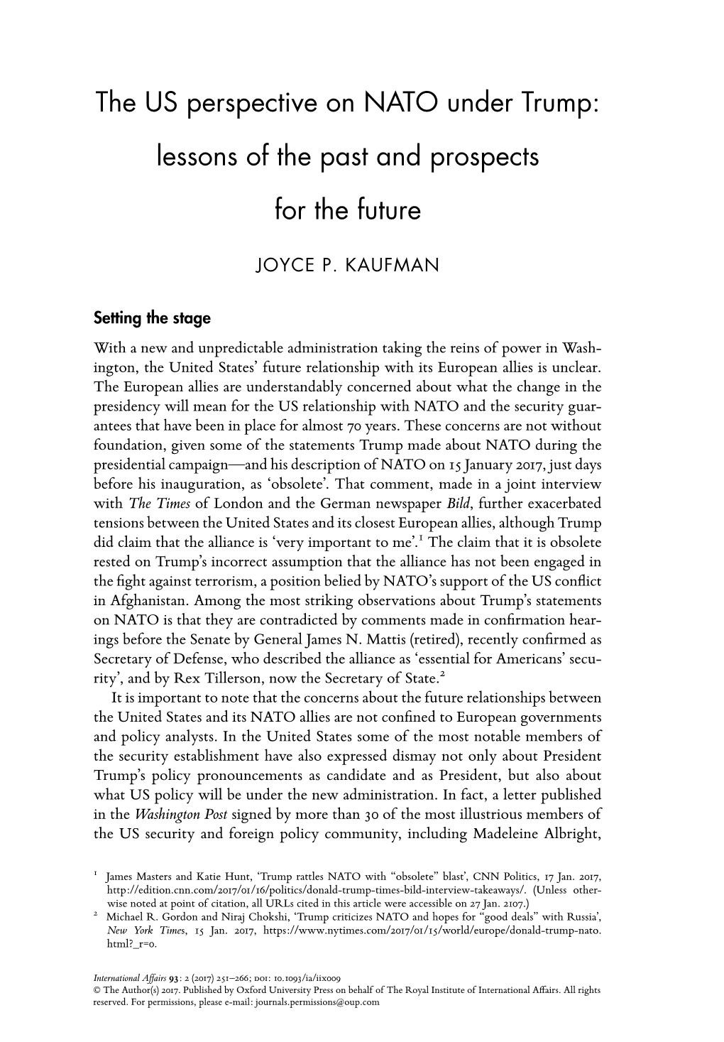 The US Perspective on NATO Under Trump: Lessons of the Past and Prospects for the Future