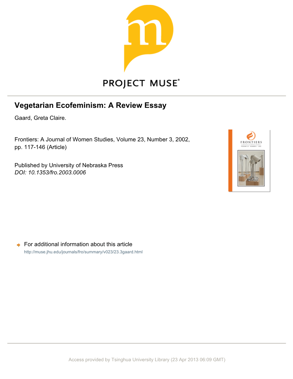 Vegetarian Ecofeminism: a Review Essay