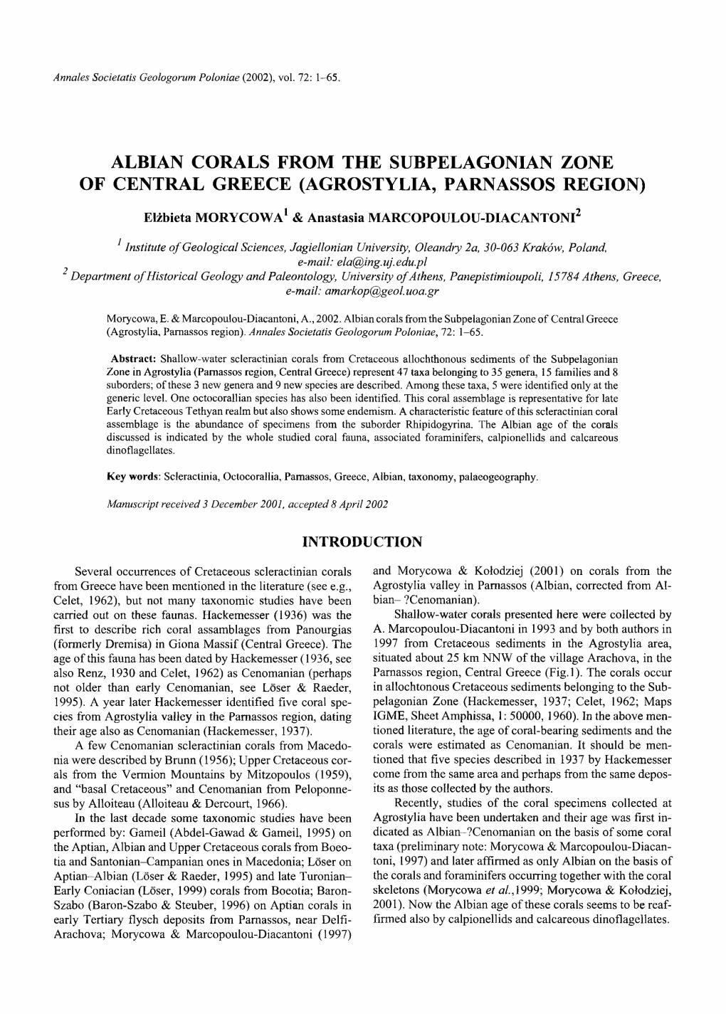 Albian Corals from the Subpelagonian Zone of Central Greece (Agrostylia, Parnassos Region)