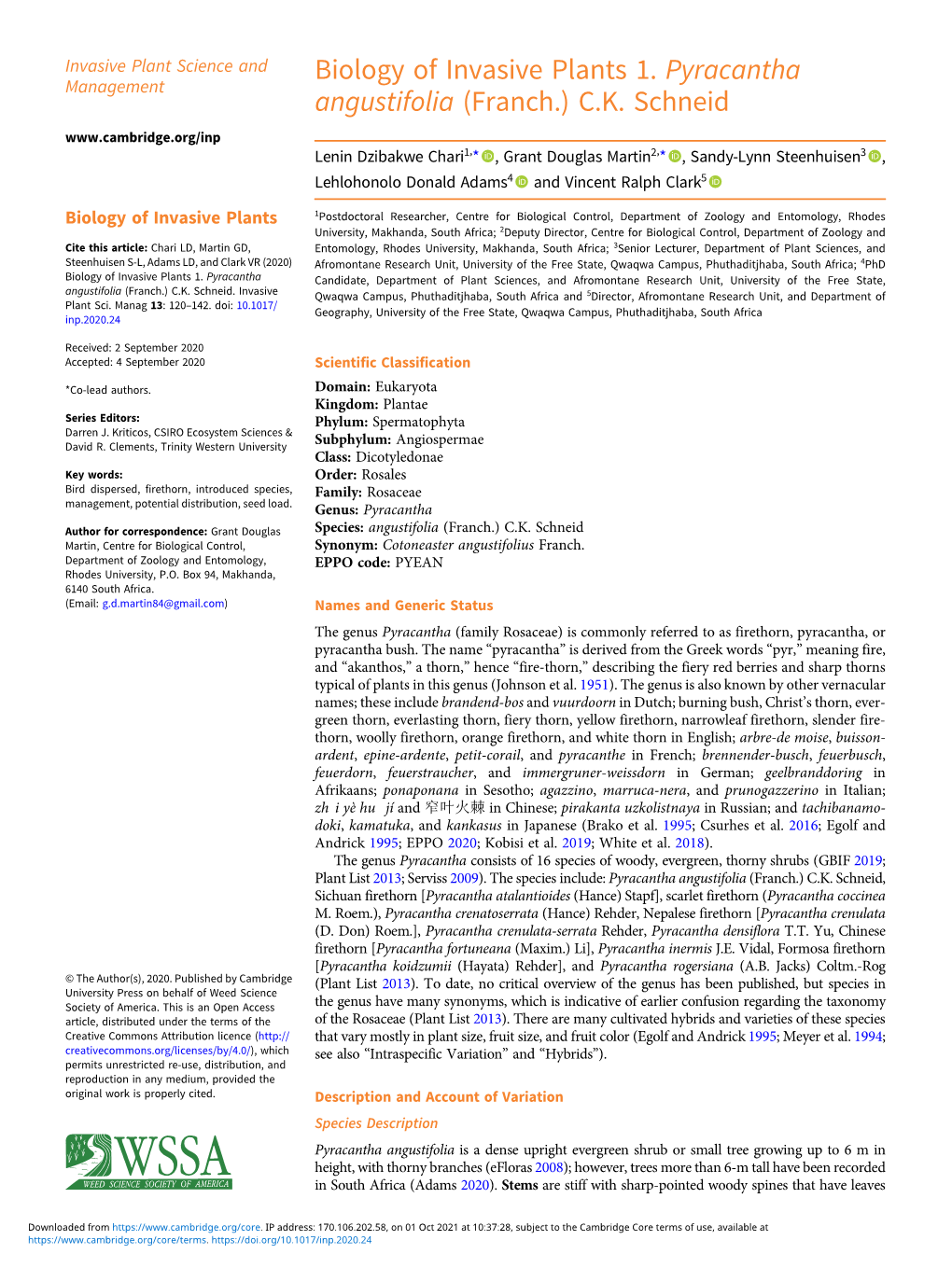 Biology of Invasive Plants 1. Pyracantha Angustifolia (Franch.) C.K. Schneid