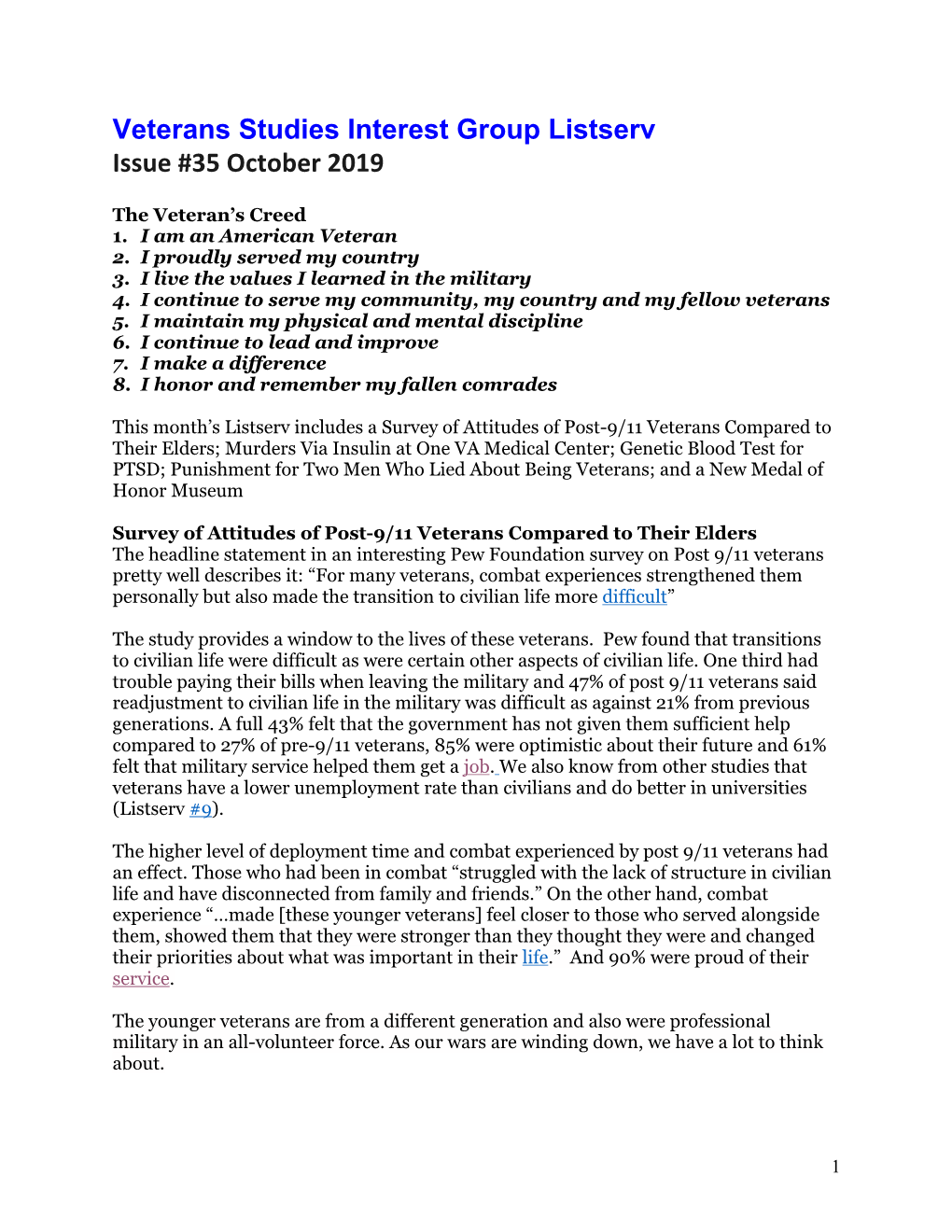 Veterans Studies Interest Group Listserv Issue #35 October 2019