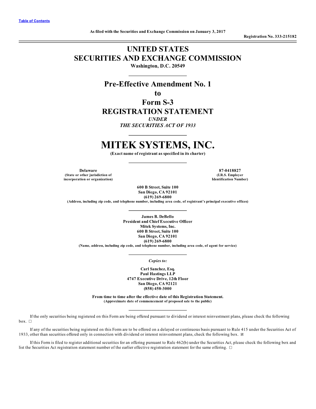 MITEK SYSTEMS, INC. (Exact Name of Registrant As Specified in Its Charter)