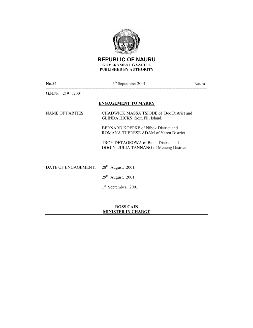 Republic of Nauru Government Gazette Published by Authority