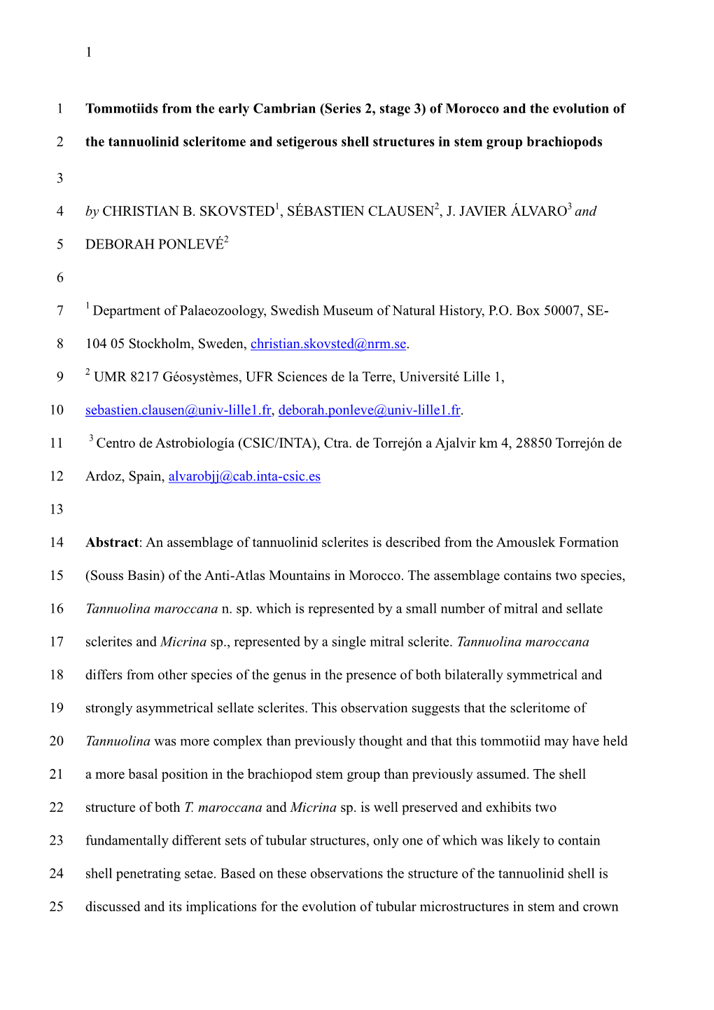 1 Tommotiids from the Early Cambrian (Series 2, Stage 3) of Morocco and the Evolution Of