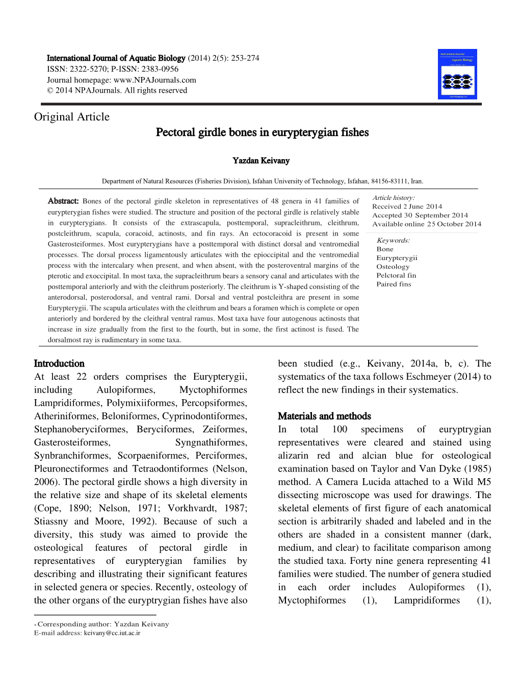 Original Article Pectoral Girdle Bones in Eurypterygian Fishes