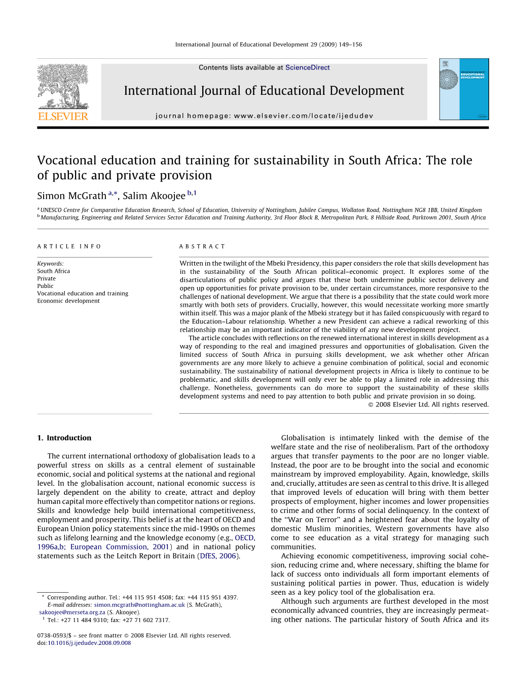 Vocational Education and Training for Sustainability in South Africa: the Role of Public and Private Provision