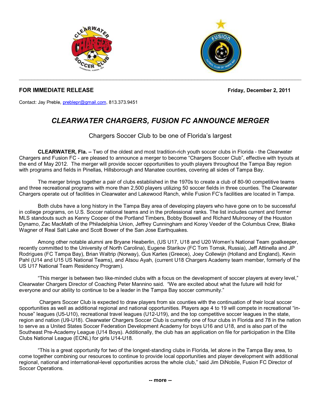 Clearwater Chargers, Fusion Fc Announce Merger