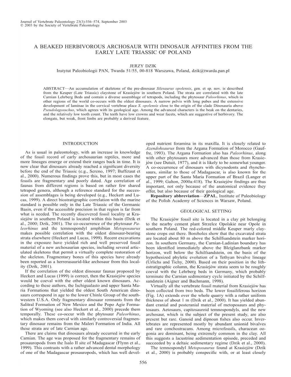 A Beaked Herbivorous Archosaur with Dinosaur Affinities from the Early Late Triassic of Poland