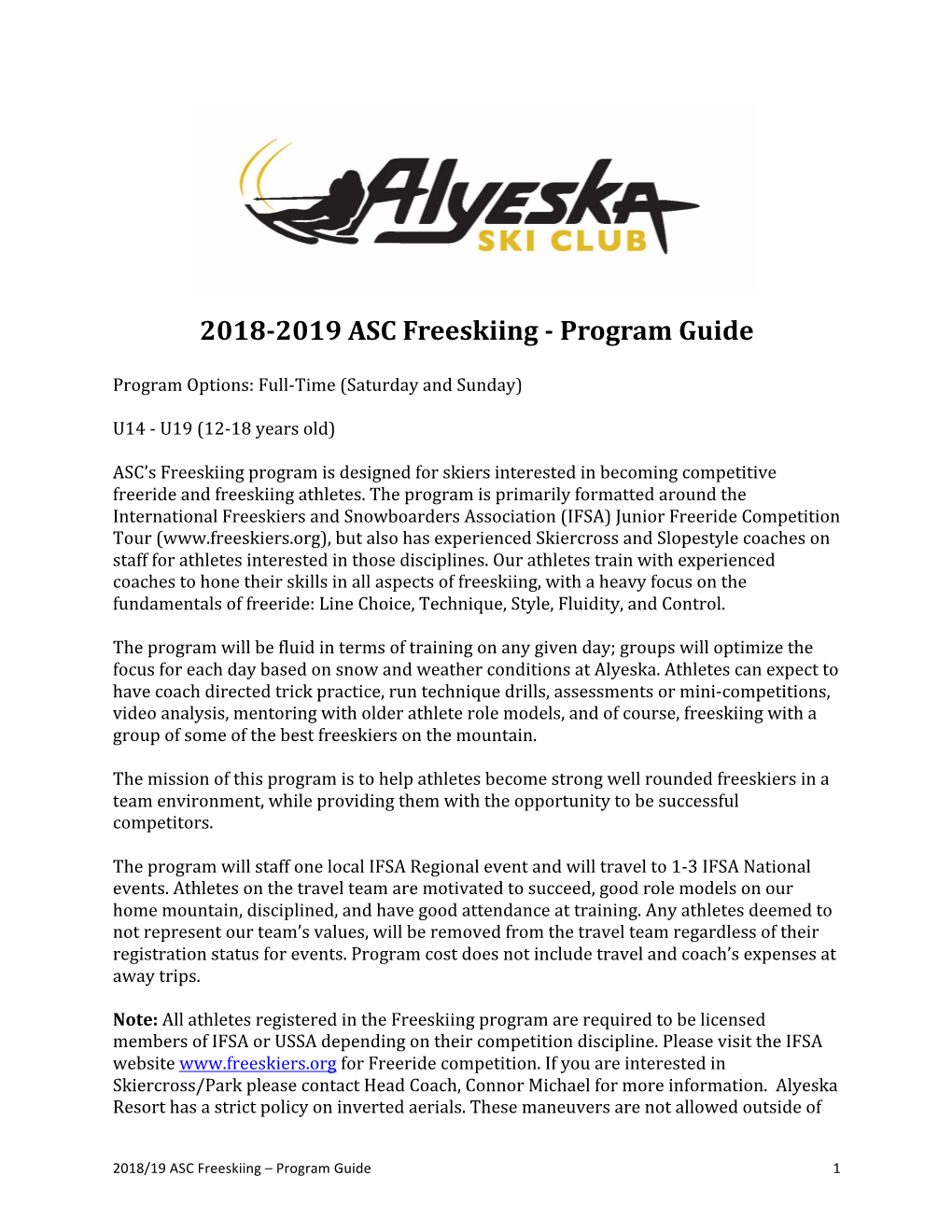 2018-2019 ASC Freeskiing - Program Guide