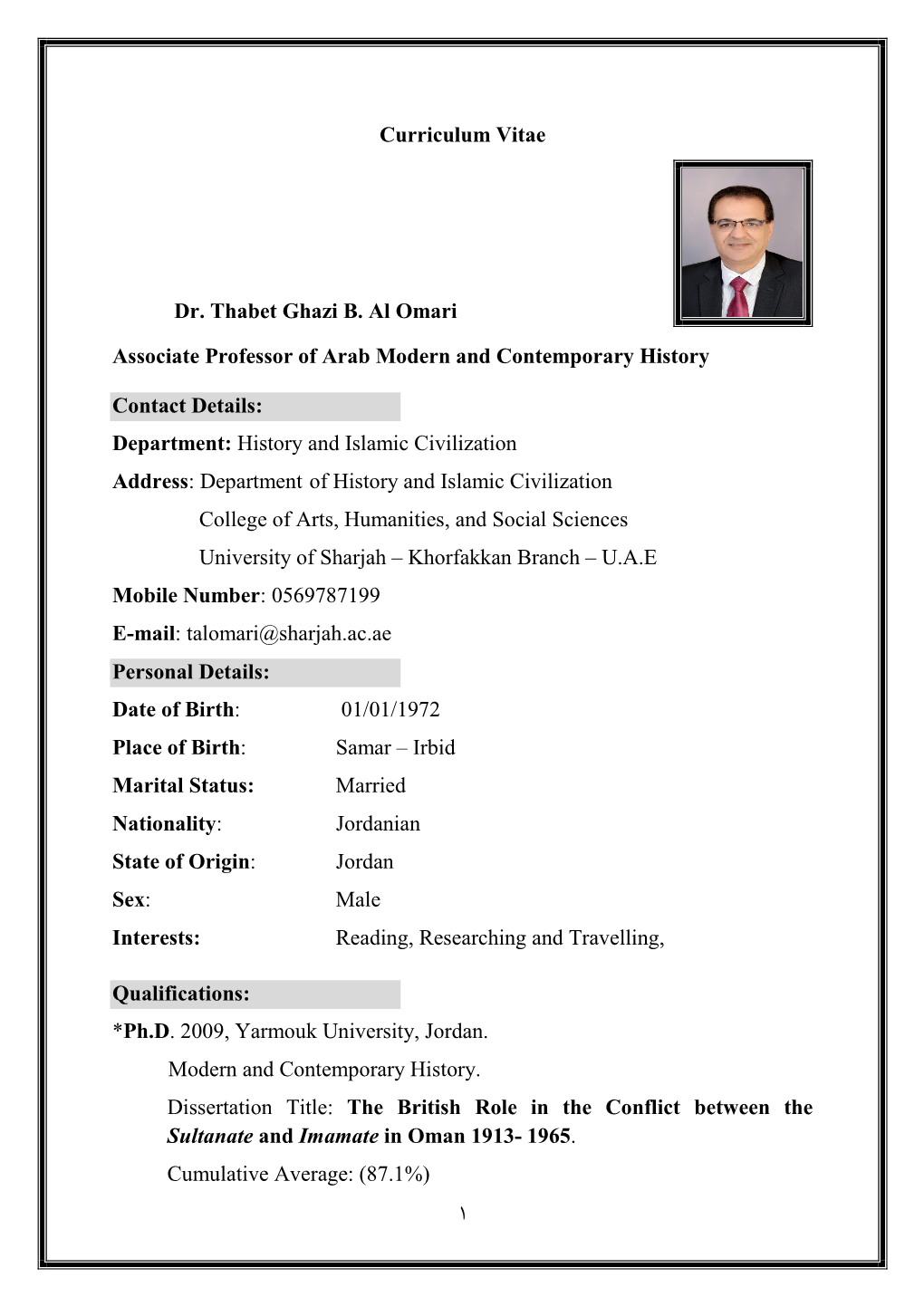 ١ Curriculum Vitae Dr. Thabet Ghazi B. Al Omari Associate Professor Of