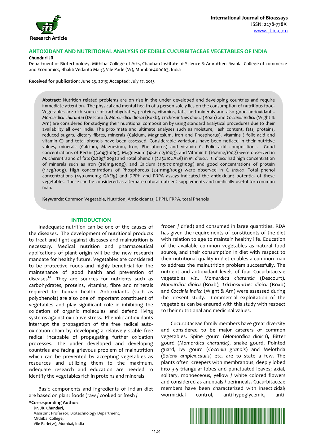 Antioxidant and Nutritional Analysis of Edible Cucurbitaceae Vegetables Of