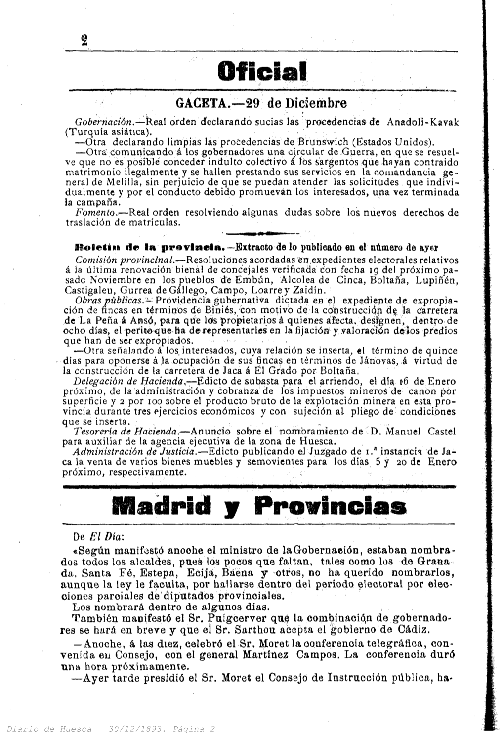 Oficial GACETA.—29 De Diciembre Gobernación.—Real Orden Declarando Sucias Las Procedencias De Anadoli-Kavak (Turquía Asiática)