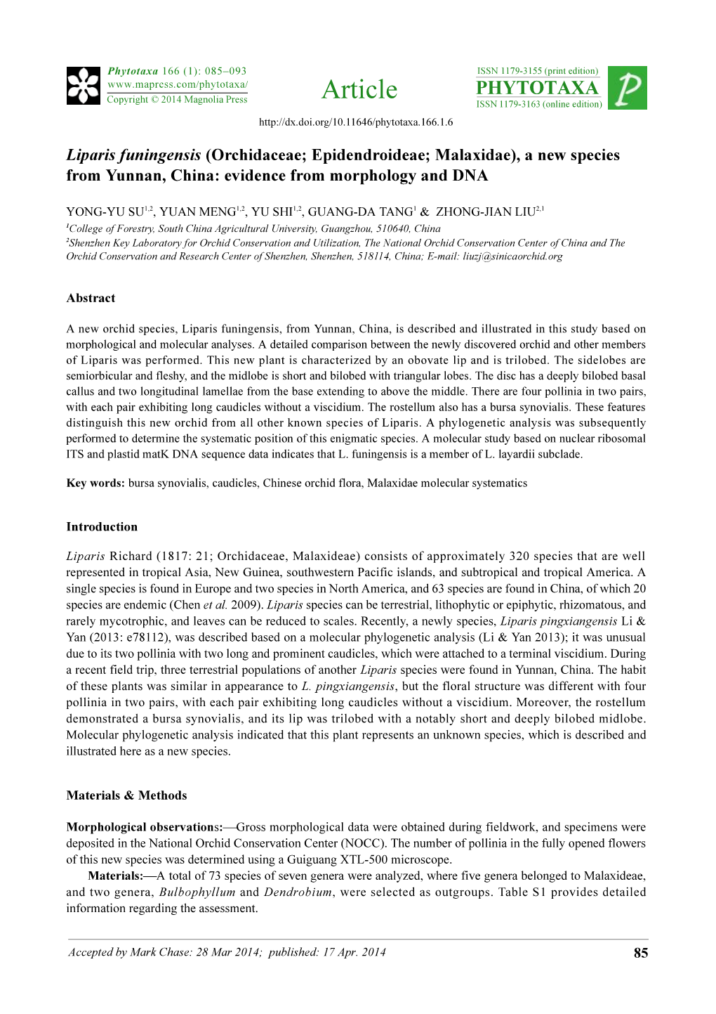 Liparis Funingensis (Orchidaceae; Epidendroideae; Malaxidae), a New Species from Yunnan, China: Evidence from Morphology and DNA