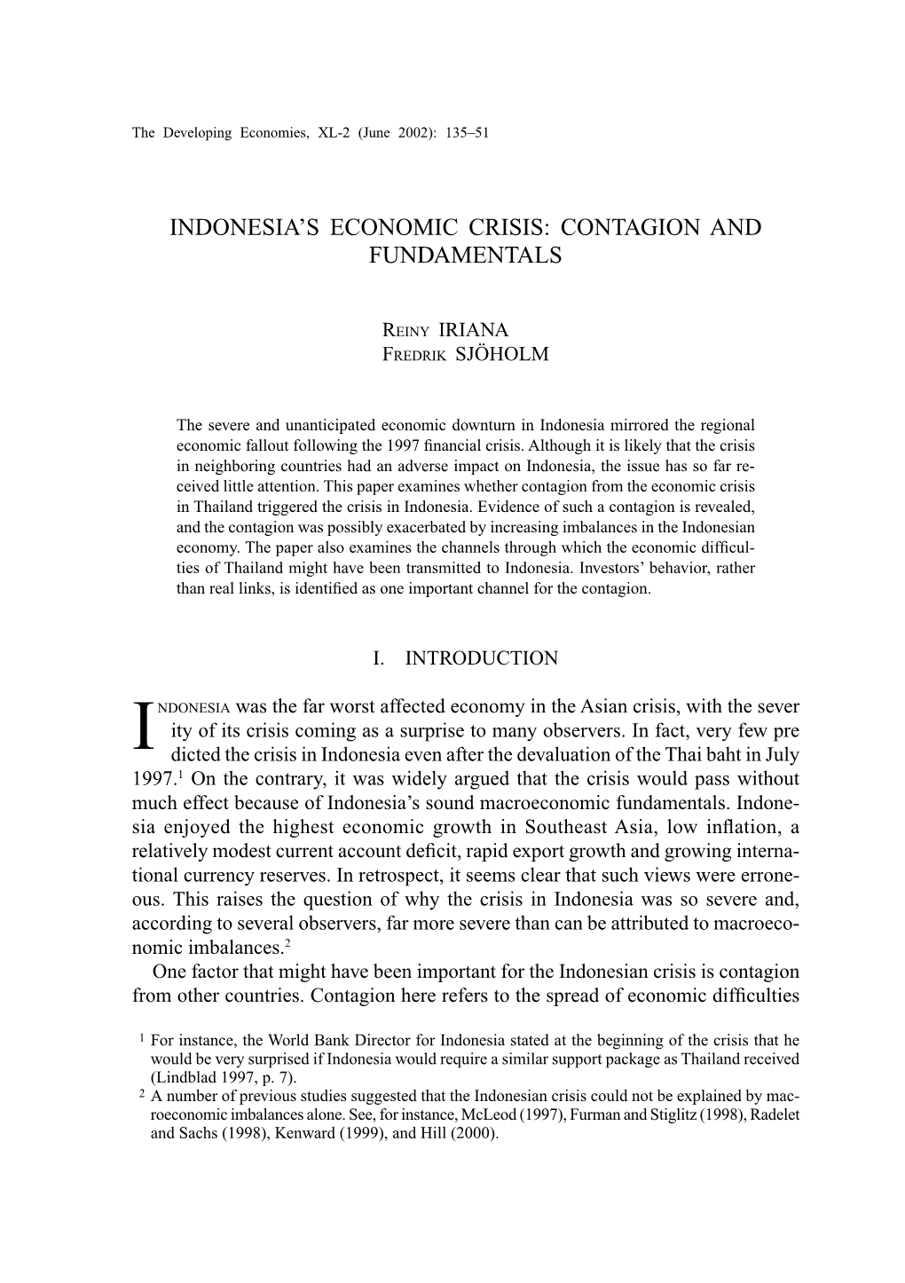 Indonesia's Economic Crisis: Contagion and Fundamentals