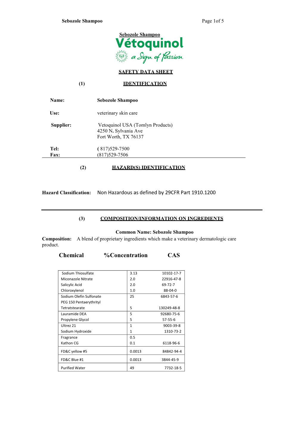 Chemical %Concentration CAS