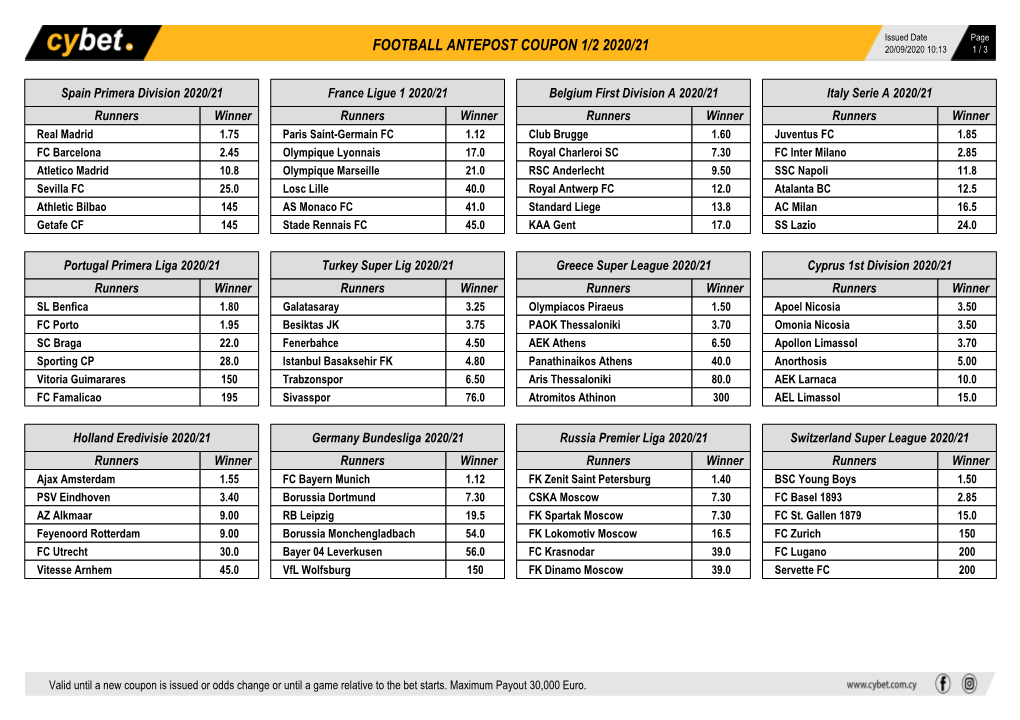 Football Antepost Coupon 1/2 2020/21 20/09/2020 10:13 1 / 3