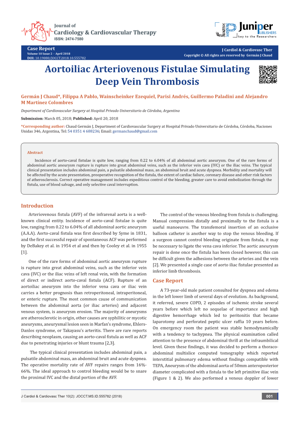 Aortoiliac Arteriovenous Fistulae Simulating Deep Vein Thrombosis