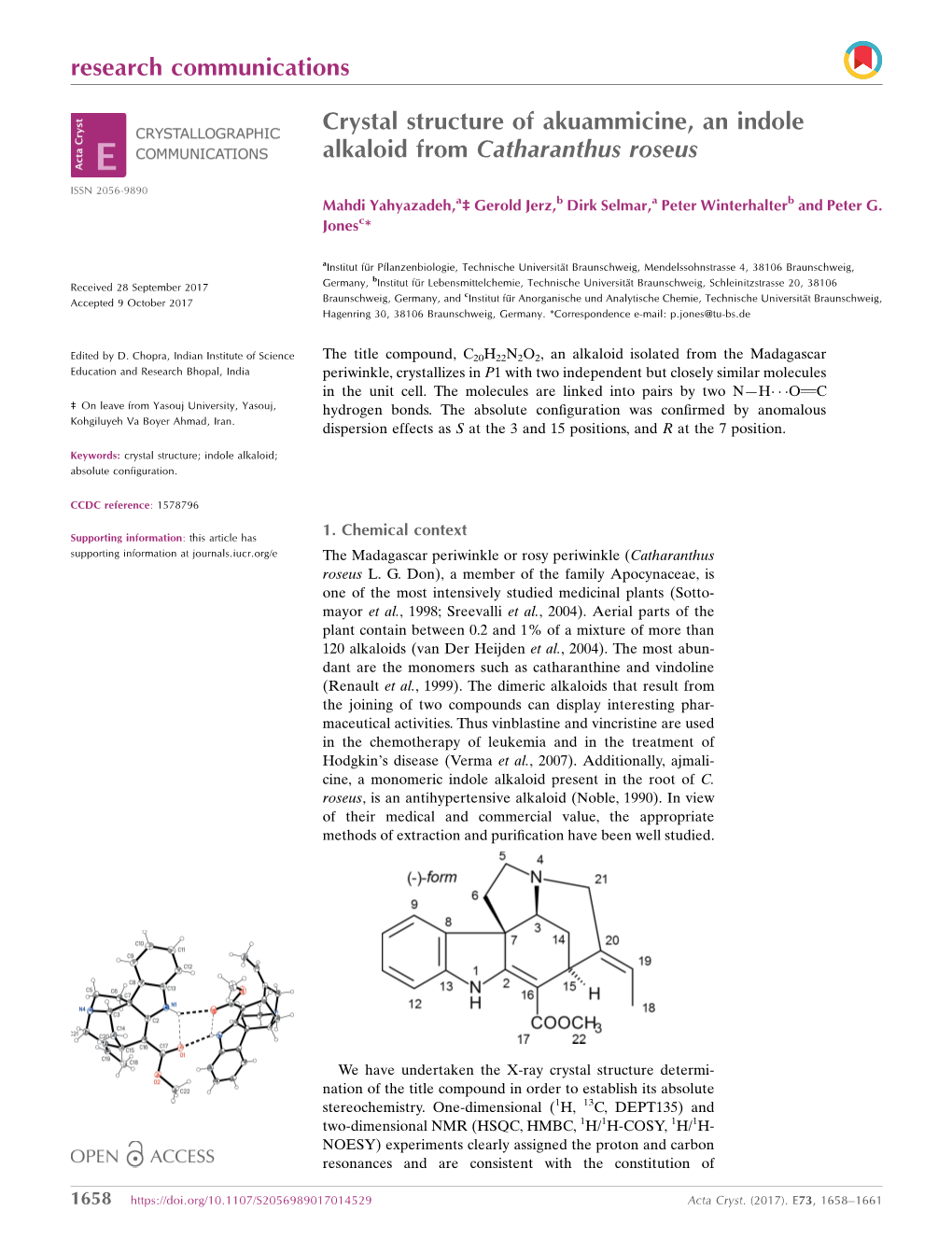 Crystal Structure of Akuammicine, an Indole Alkaloid from Catharanthus Roseus