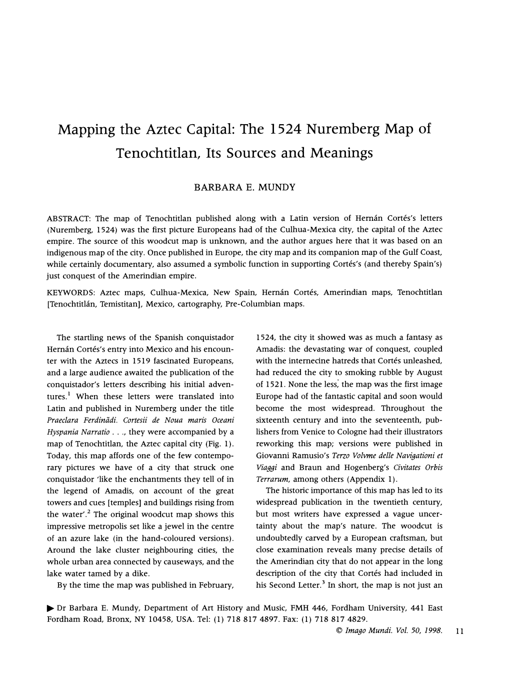 The 1524 Nuremberg Map of Tenochtitlan, Its Sources and Meanings