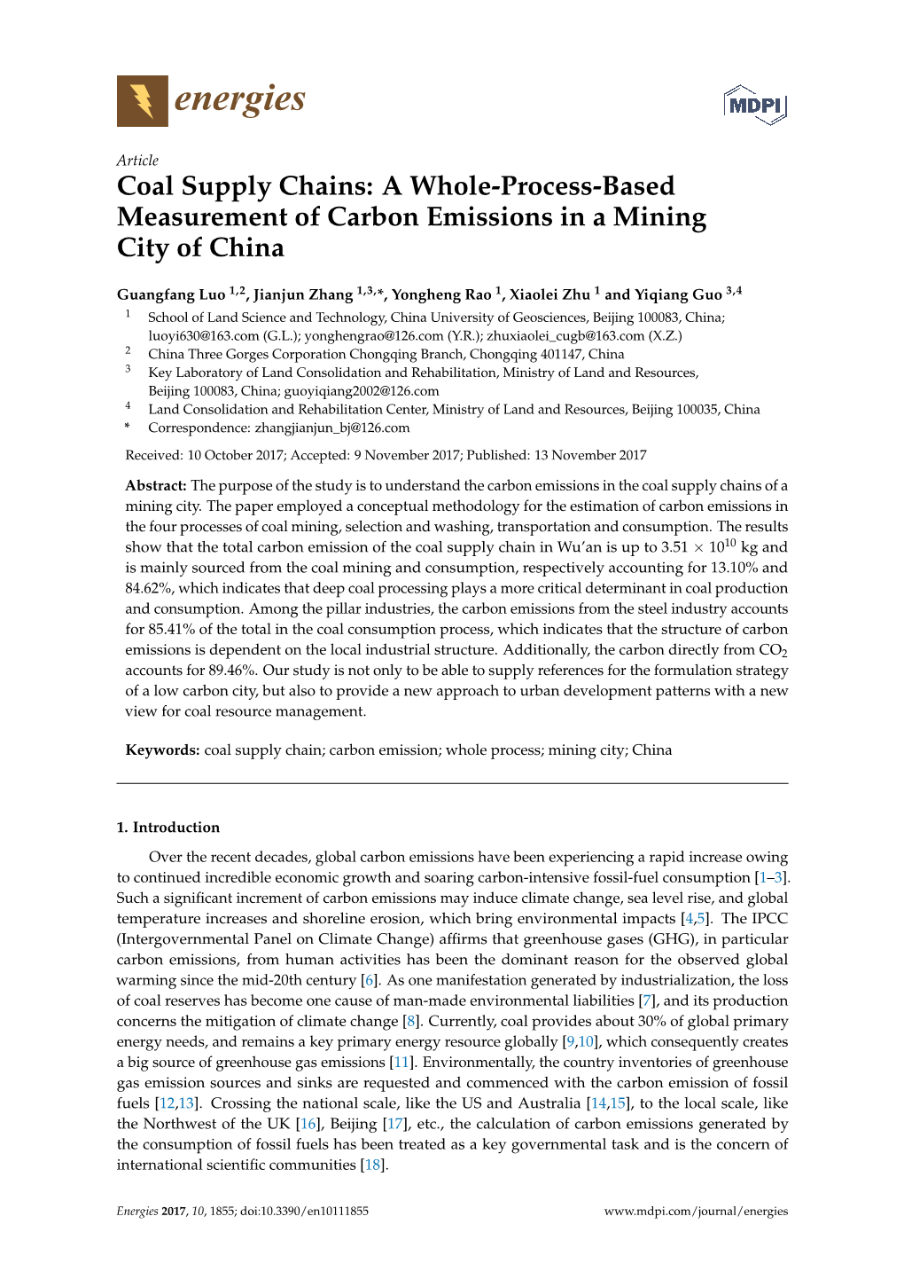 Coal Supply Chains: a Whole-Process-Based Measurement of Carbon Emissions in a Mining City of China