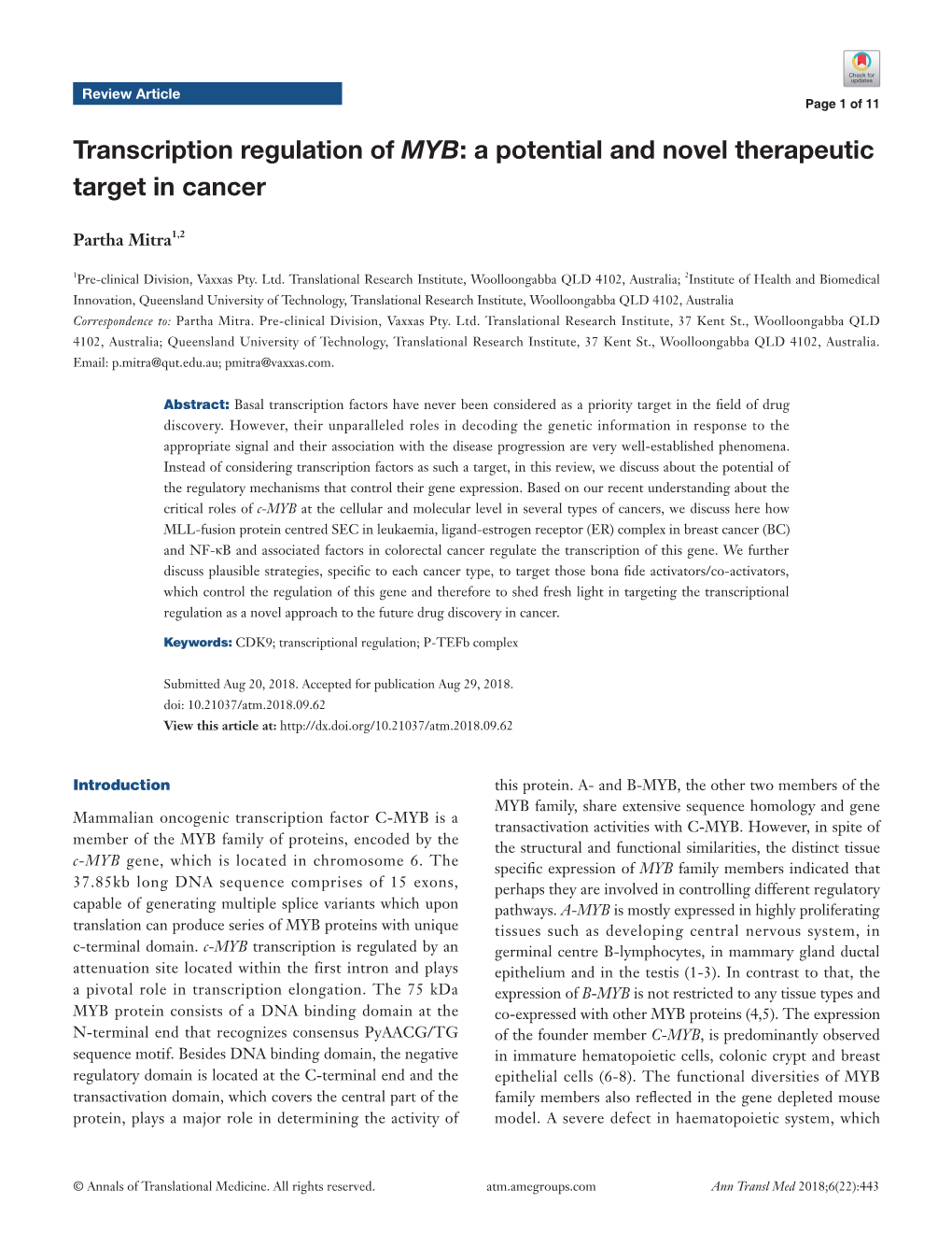 Transcription Regulation of MYB: a Potential and Novel Therapeutic Target in Cancer