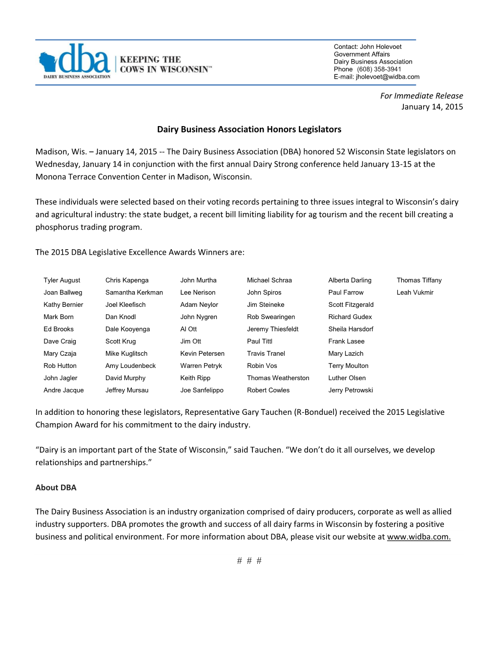 For Immediate Release January 14, 2015