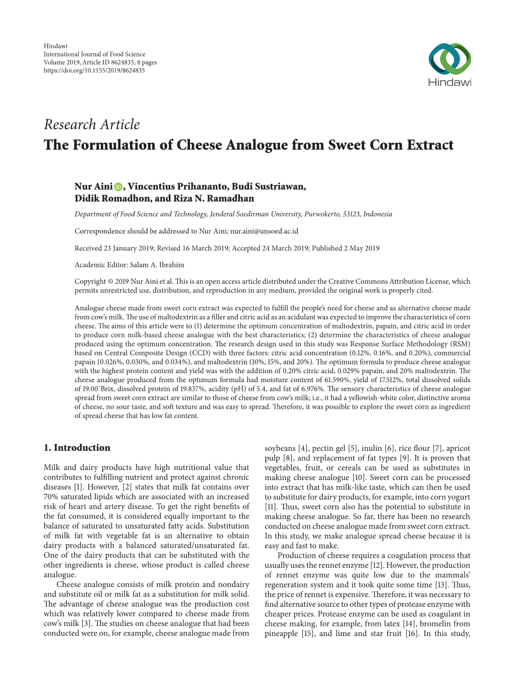 The Formulation of Cheese Analogue from Sweet Corn Extract