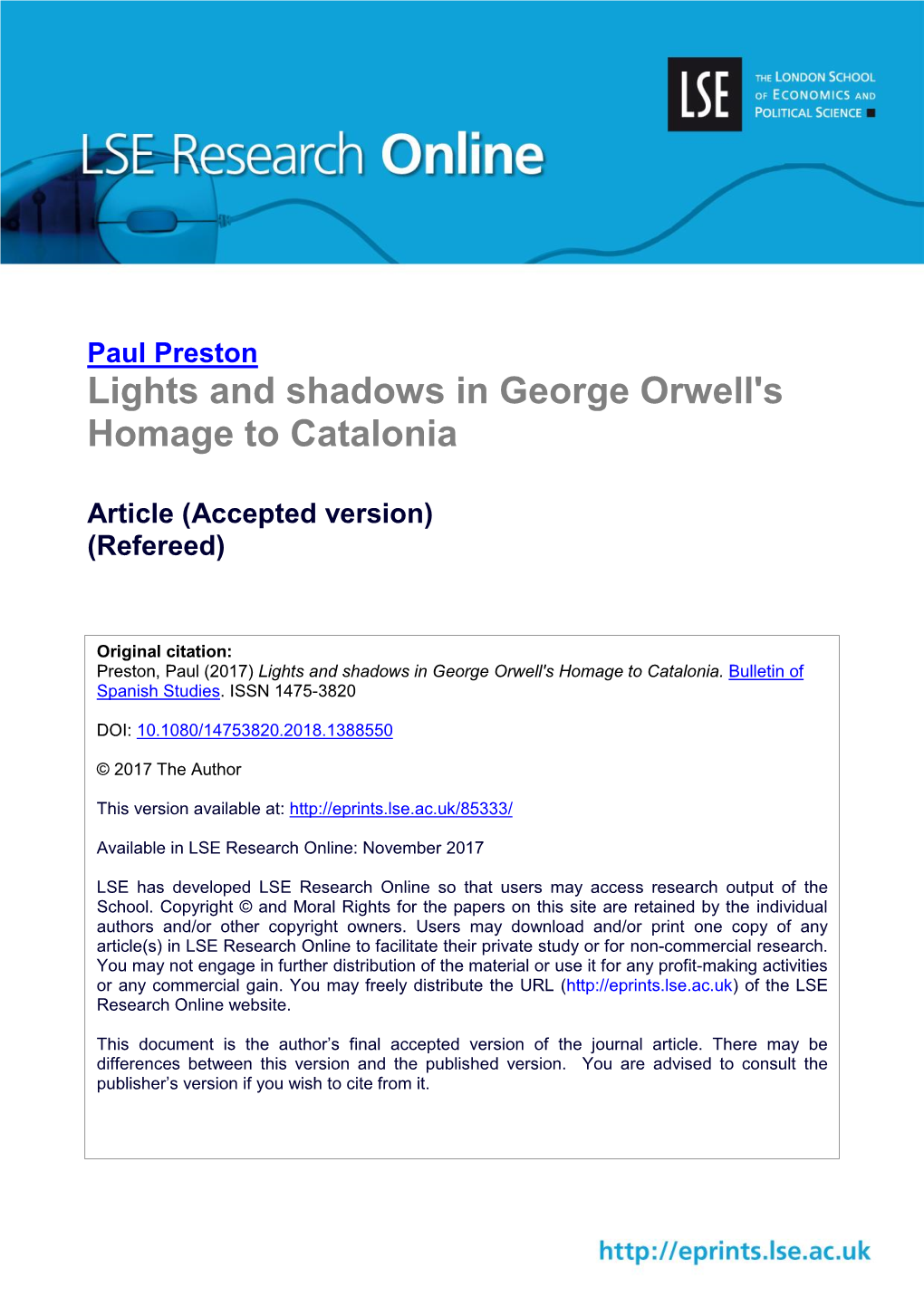 Lights and Shadows in George Orwell's Homage to Catalonia