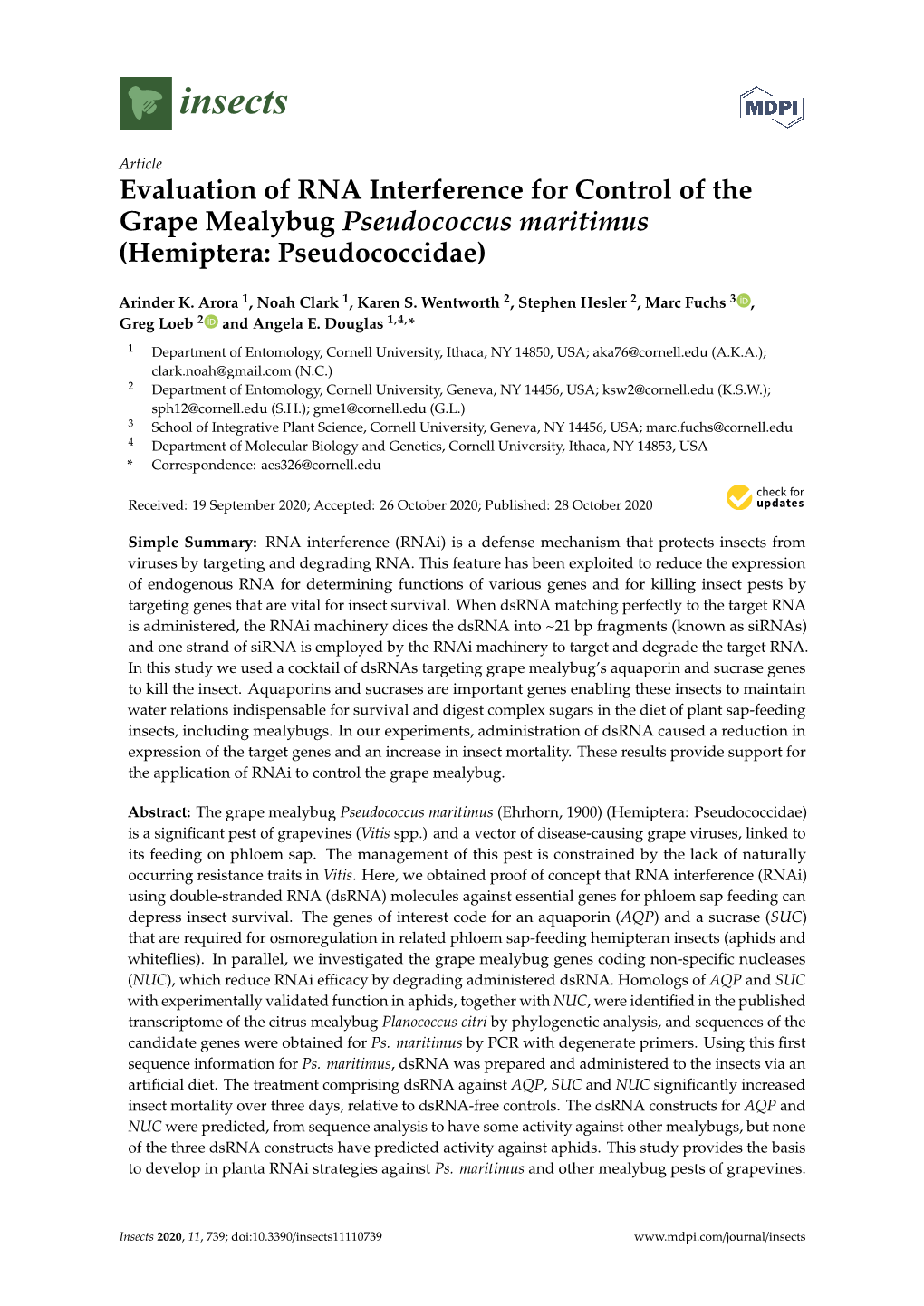 Evaluation of RNA Interference for Control of the Grape Mealybug Pseudococcus Maritimus (Hemiptera: Pseudococcidae)