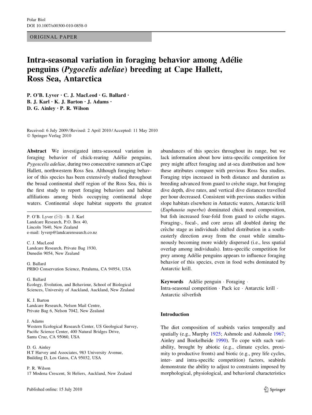 Intra-Seasonal Variation in Foraging Behavior Among Adélie Penguins