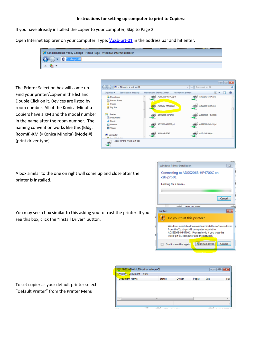 Instructions for Setting up Computer to Print to Copiers