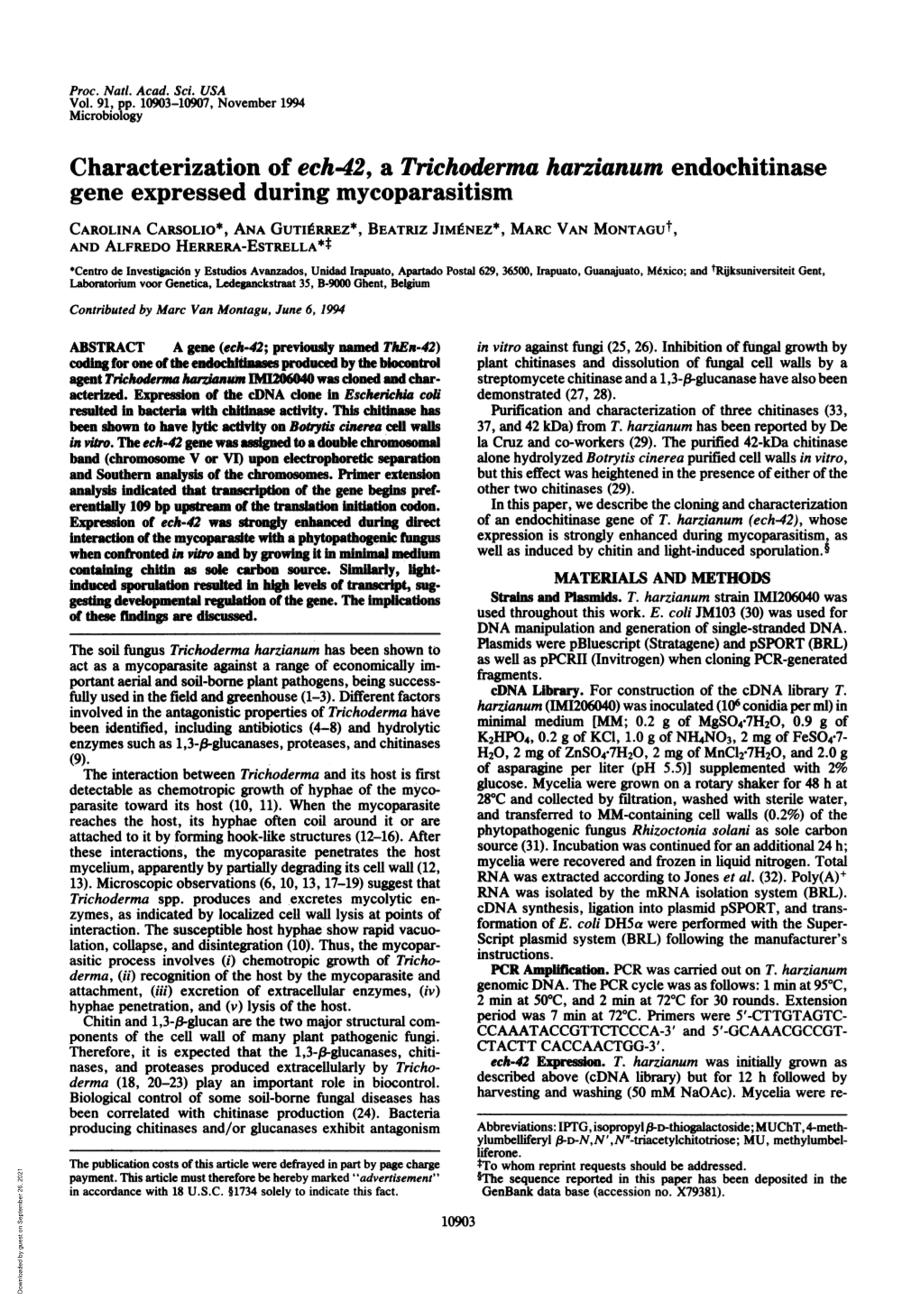 Characterization of Ech42, a Trichoderma Harzianum