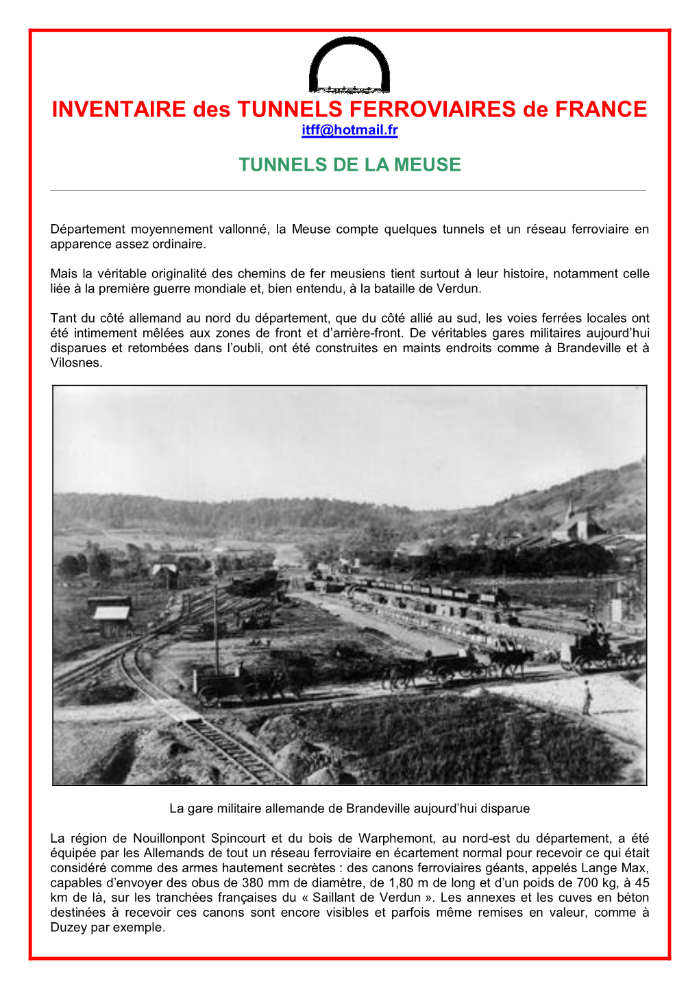 INVENTAIRE Des TUNNELS FERROVIAIRES De FRANCE Itff@Hotmail.Fr TUNNELS DE LA MEUSE ______