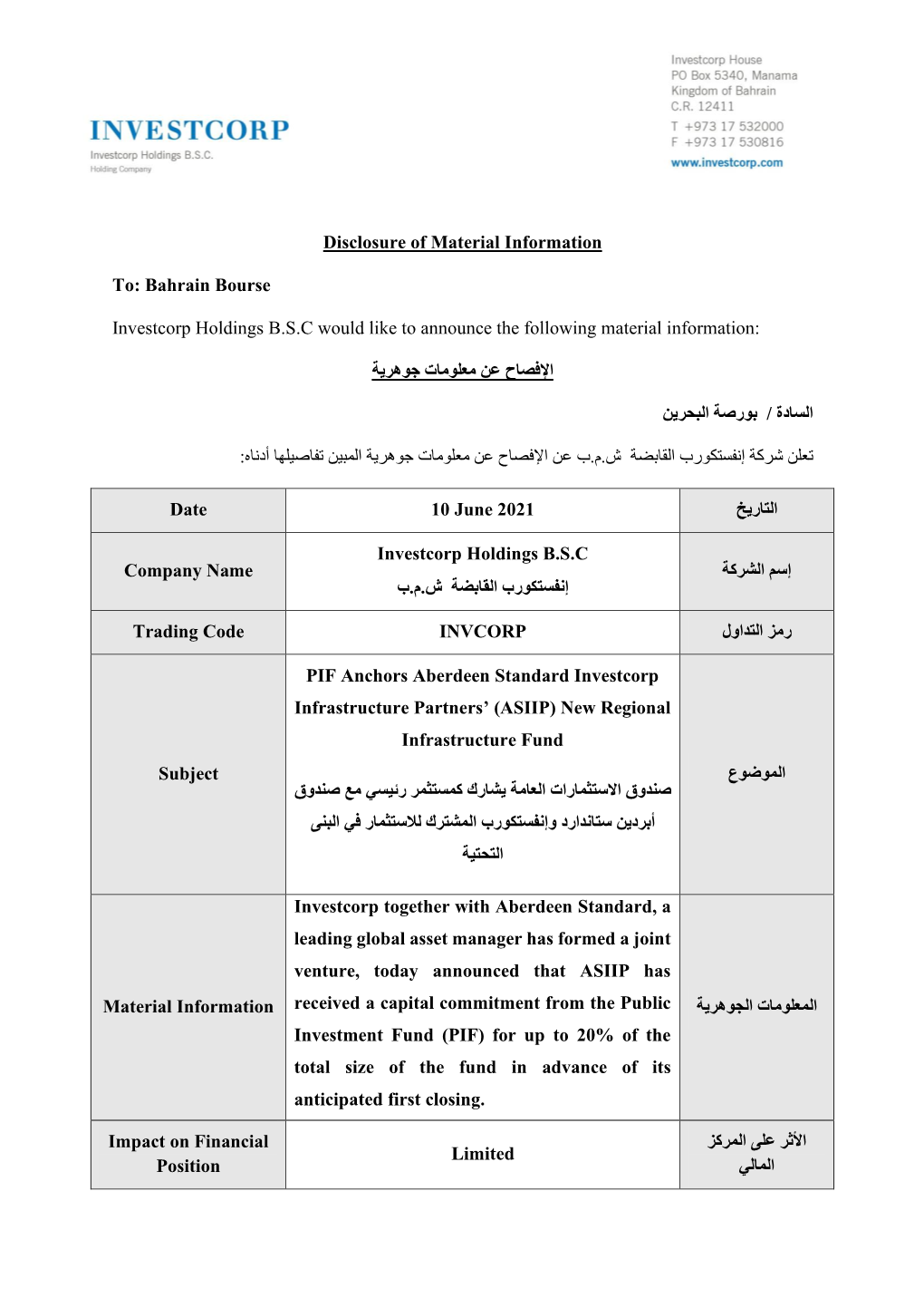 Disclosure of Material Information To: Bahrain Bourse Investcorp Holdings B.S.C Would Like to Announce the Following Material In