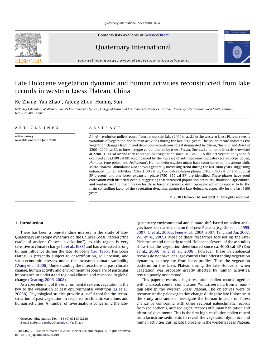 Late Holocene Vegetation Dynamic and Human Activities Reconstructed from Lake Records in Western Loess Plateau, China